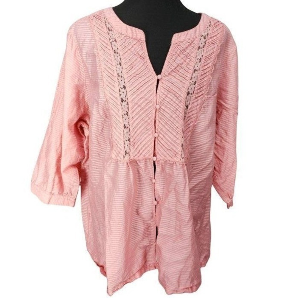 Avenue Pink Striped Cotton Lace Trim Pintuck Blouse Plus Size 26/28